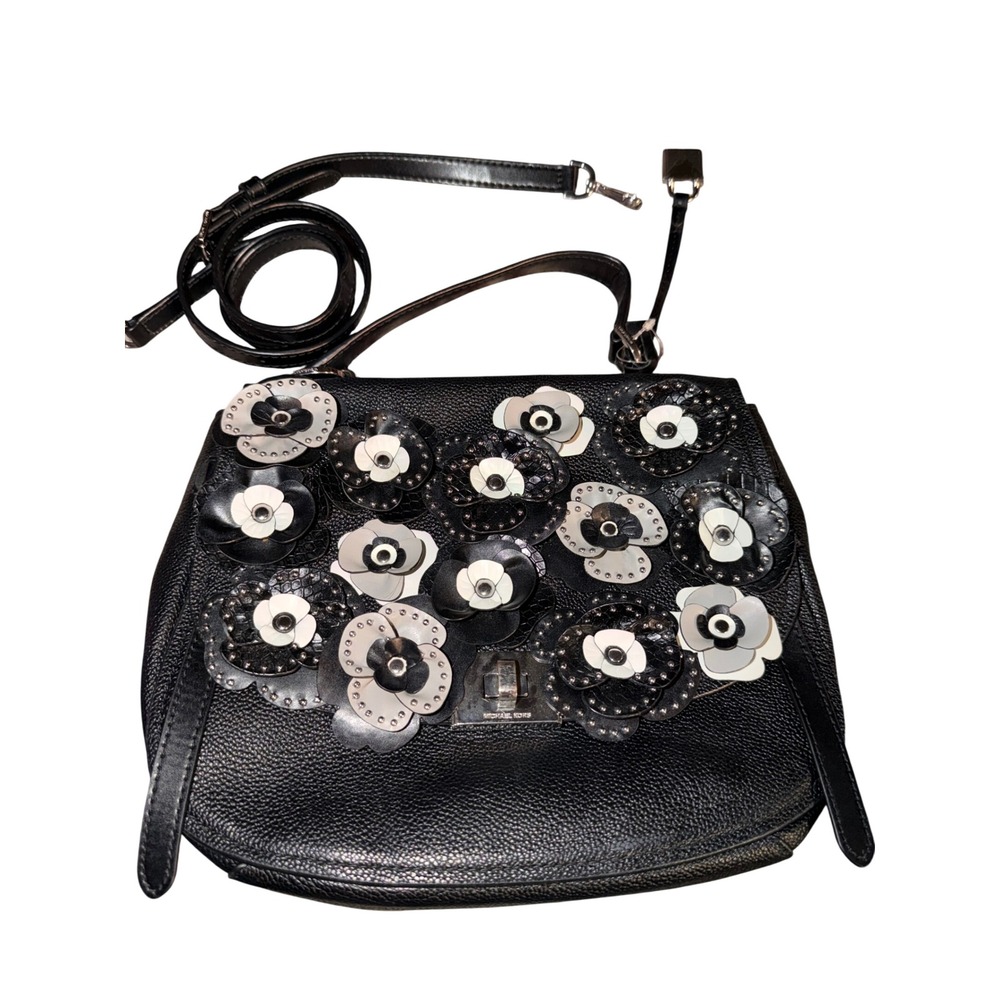 Michael Kors Ava Medium Black Leather Floral Applique Studded Satchel Crossbody - Picture 2 of 4